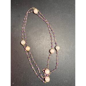 Amethyst and pearl 30 inch station necklace in sterling silver